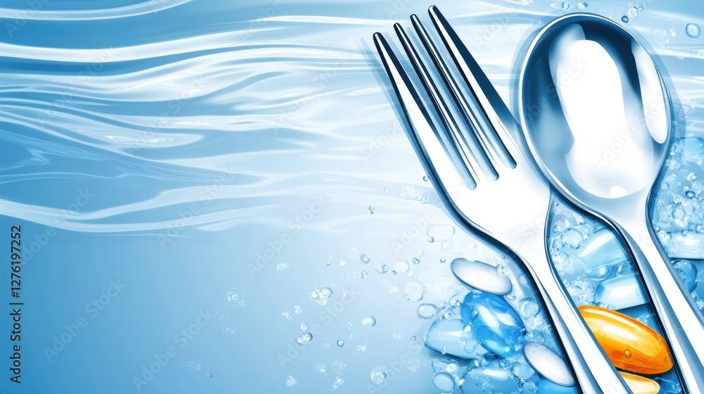 Shiny Silver Fork and Spoon with Assorted Pills on a Liquid Blue Textured Background Shiny Silver Fork and Spoon with Assorted Pills on a Liquid Blue Textured Background