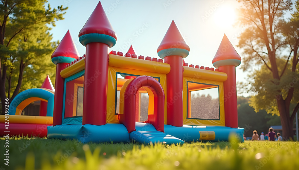 Obraz premium Kids inflatable bounce, inflatable house, inflatable castle, Bright inflatable bounce house with turrets in sunny park for children's party entertainment