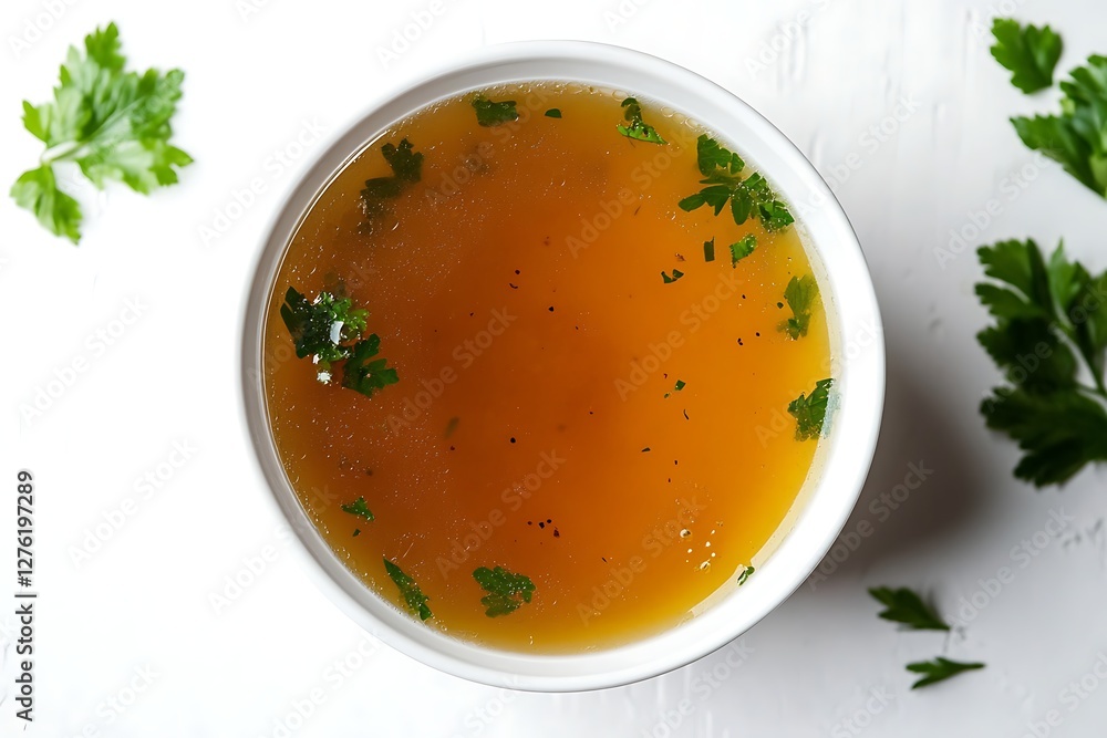 A bowl of fresh homemade chicken or vegetable broth A bowl of fresh homemade chicken or vegetable broth