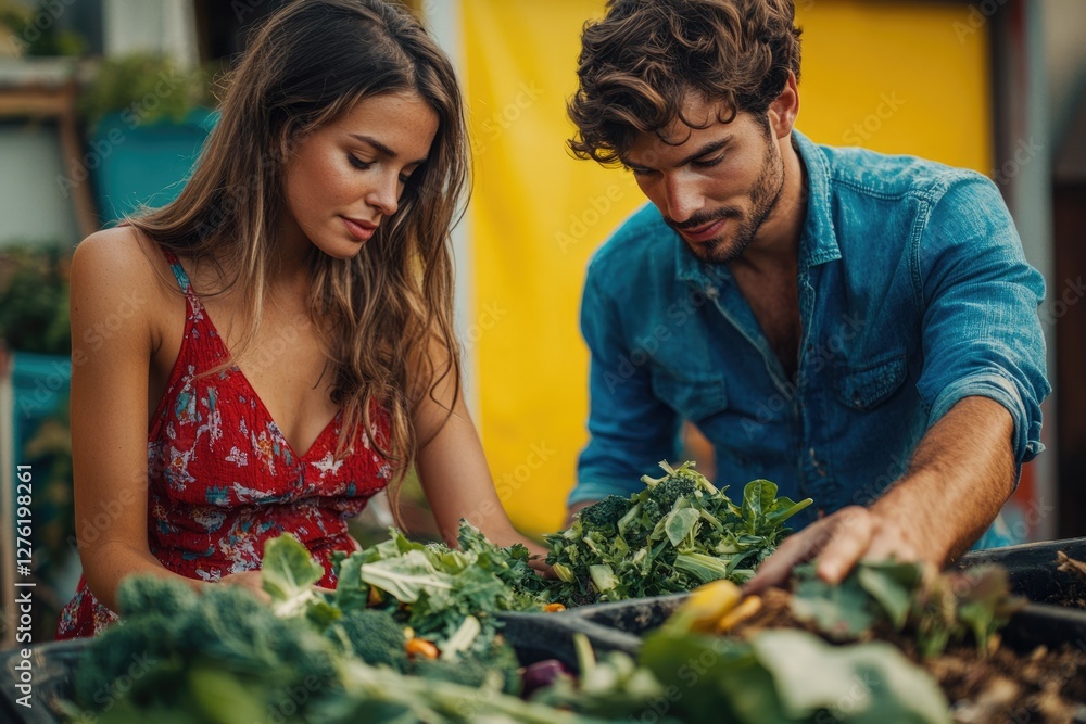 Obraz premium A young couple carefully sorts and adds fresh greens to a compost bin, cultivating a sustainable lifestyle.