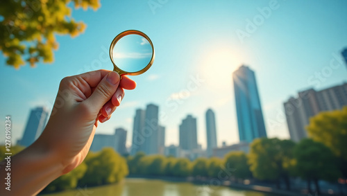 hand holding a magnifying glass to check the good air quality and clean outdoor air quality safe from pollution dust PM 2.5	
