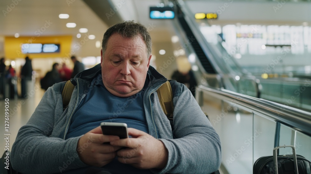 Social media rumors affecting a man at a busy airport. Featuring distraction and anxiety Social media rumors affecting a man at a busy airport. Featuring distraction and anxiety