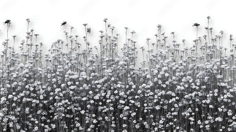 Fototapeta premium Monochromatic Field of Flowers and Birds