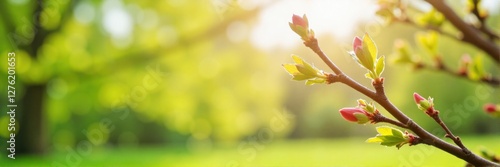 Fresh spring buds on branches glowing in sunlight with greenery  