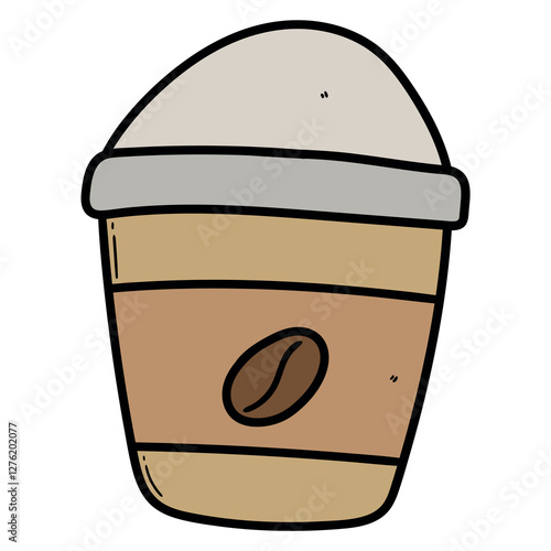 Hand drawn cartoon disposable paper coffee cup on white background.