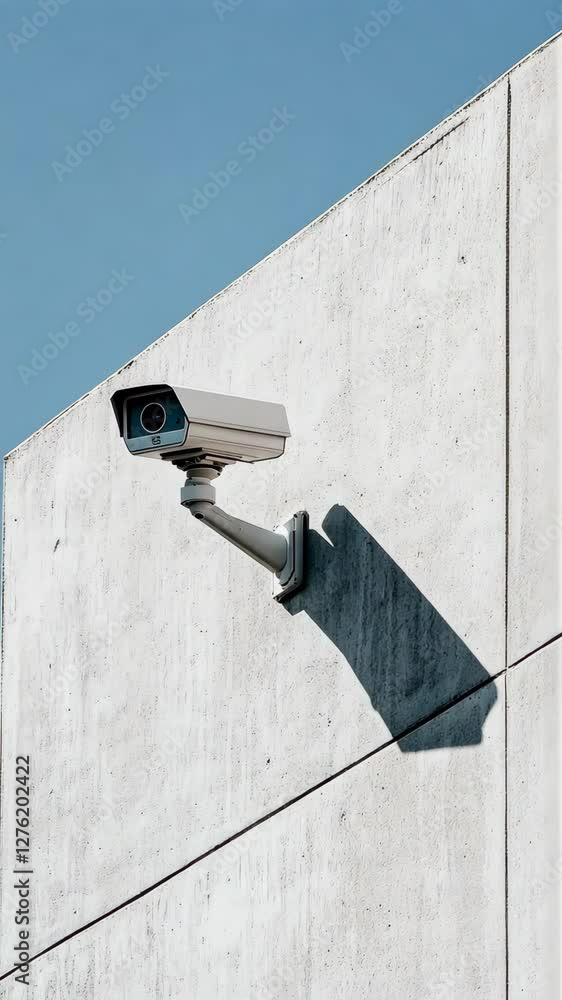 Security camera mounted on a concrete wall with a clear blue sky background in a modern urban setting