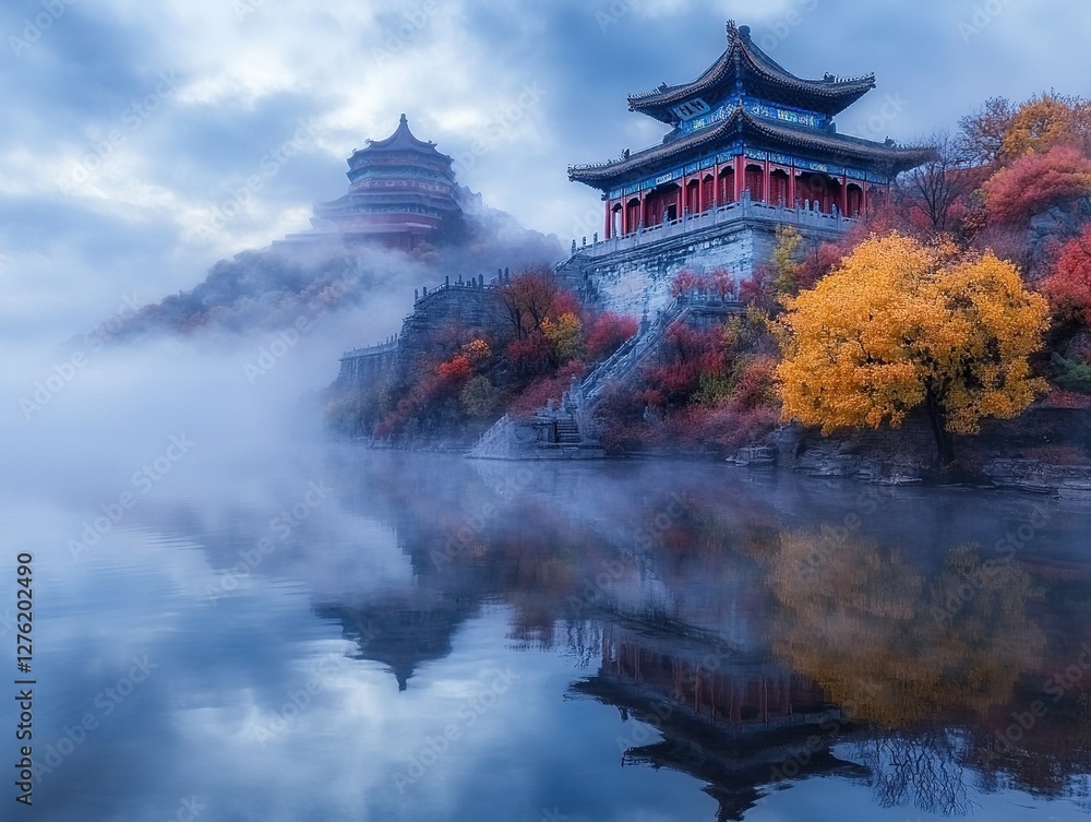 Ancient Chinese-style architecture, with roof tiles , surrounded by tree Ancient Chinese-style architecture, with roof tiles , surrounded by tree