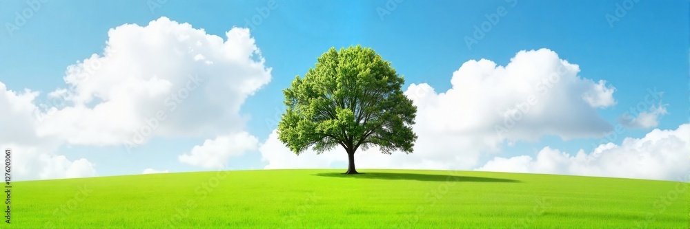 Fototapeta premium Lush green tree standing on hill under blue sky with fluffy clouds 
