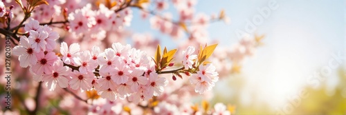 Cherry blossom tree branches blooming in sunny spring background  