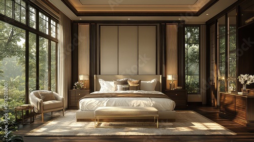Luxurious bedroom, morning sunlight, forest view, interior design, home staging