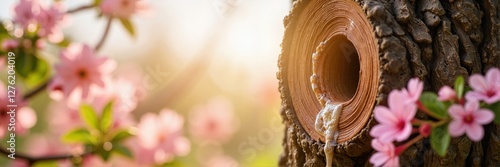 Tree tapping for sap with pink flowers in springtime garden  