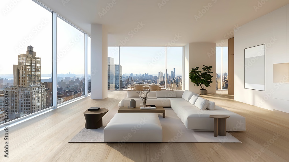 Fototapeta premium Minimalist Interior Design Modern living room with city view