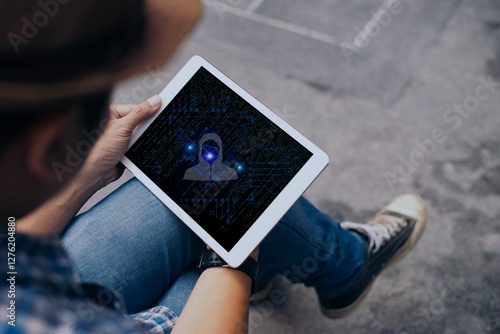 A person holding a tablet displaying a digital hacker concept with a hooded figure and cyber code, symbolizing cybersecurity threats and hacking. photo