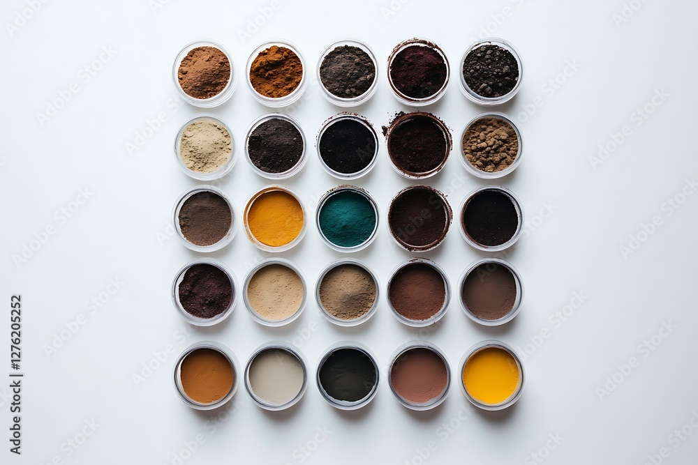 A flat lay of various colorful powder pigments in containers A flat lay of various colorful powder pigments in containers