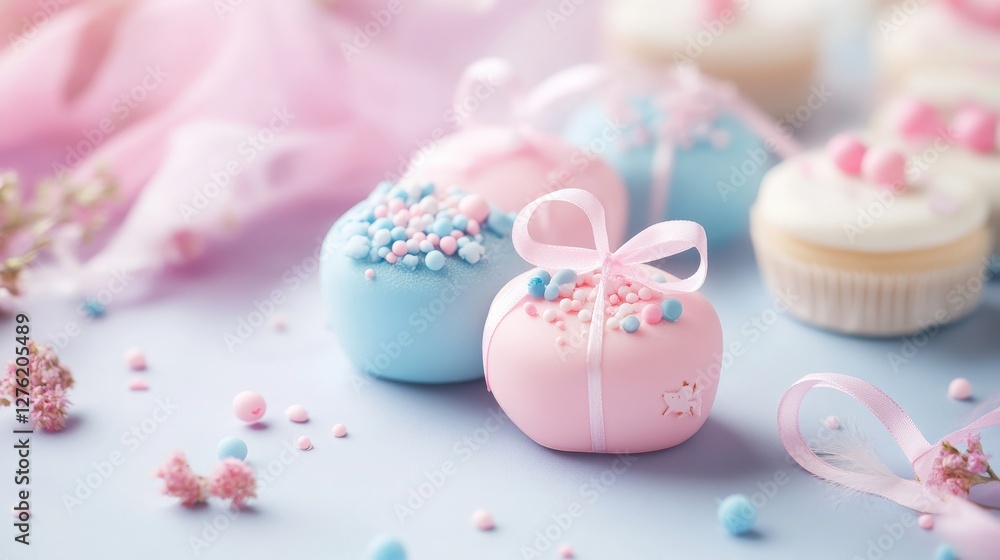Pink and Blue Favors Overhead shot of small, individually wrapped party favors in pink and blue hues, tied with delicate matching ribbons and scattered candy. Pink and Blue Favors Overhead shot of small, individually wrapped party favors in pink and blue hues, tied with delicate matching ribbons and scattered candy.