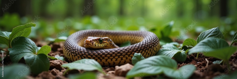 Alert snake lying coiled on forest floor among green leaves Alert snake lying coiled on forest floor among green leaves