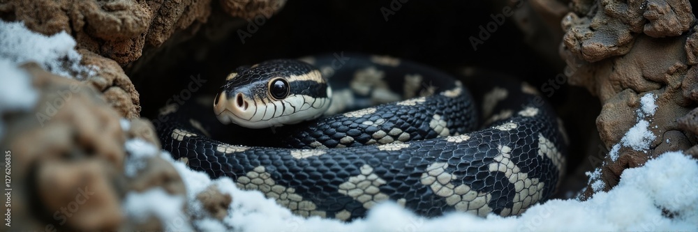 Coiled snake resting quietly in snowy burrow background Coiled snake resting quietly in snowy burrow background