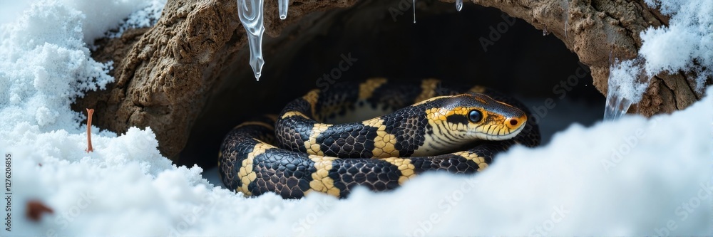 Obraz premium Black and yellow snake resting cautiously in snowy cave background