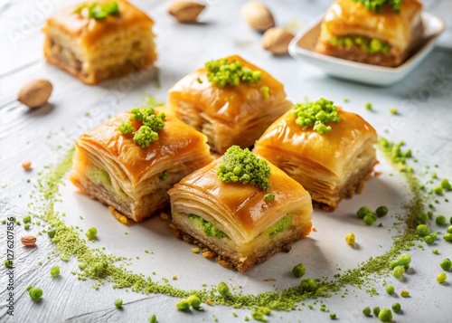 Greek Pastry Dessert: Baklava, Loukoumades, or Koulourakia on White Background photo