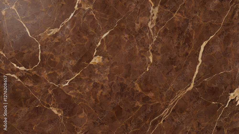 Fototapeta premium A dark brown marble surface with intricate white and golden veining patterns.