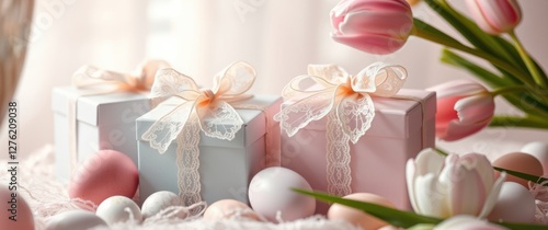 Pastel Gifts and Tulips: Pretty pastel gifts are adorned with ribbons and surrounded by pink and white tulips.