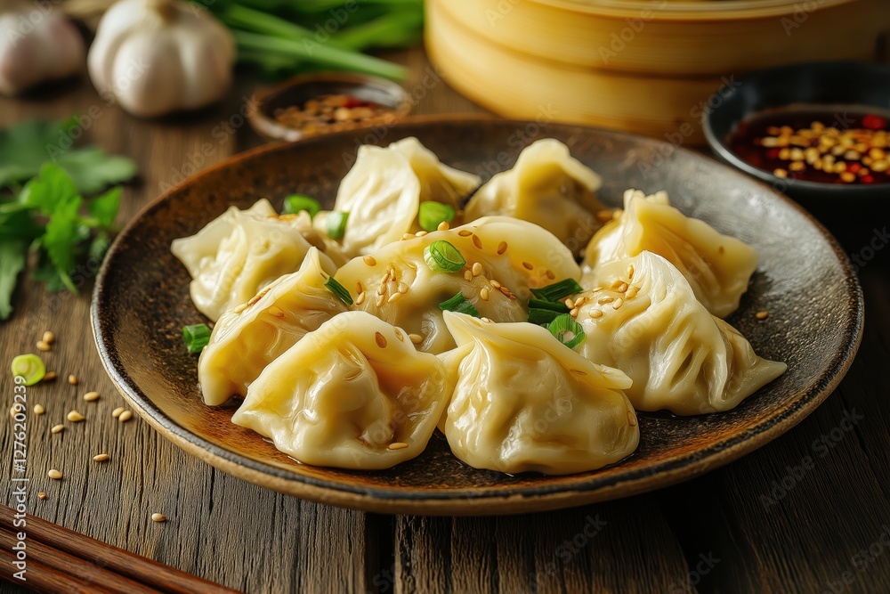 Freshly steamed jiaozi dumplings served with soy sauce, chili oil, and chopsticks Freshly steamed jiaozi dumplings served with soy sauce, chili oil, and chopsticks