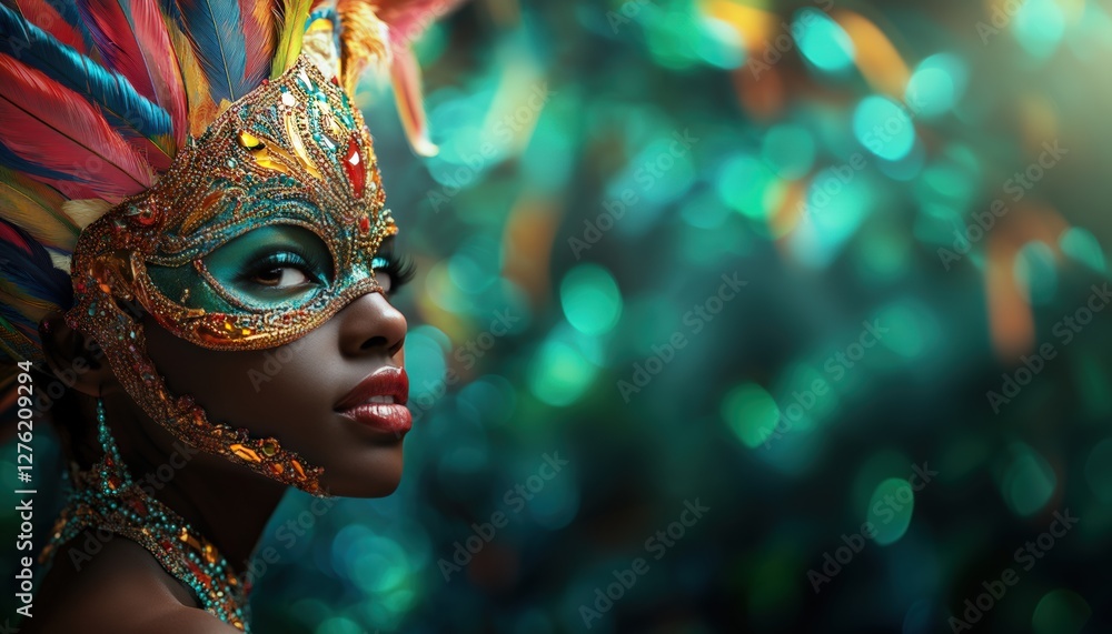 Close-up Masquerade Mask with Feathers, Mardi Gras Carnival Headpiece Close-up Masquerade Mask with Feathers, Mardi Gras Carnival Headpiece
