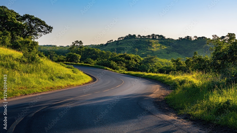 Fototapeta premium A winding road through lush green hills under a clear blue sky.