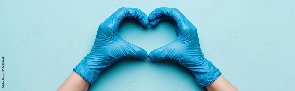 Obraz premium Top view of female hands in blue medical gloves making a heart shape on a light pastel background with copy space. 