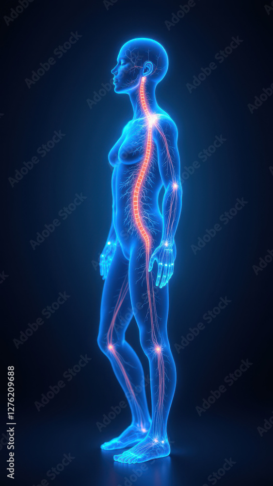 An illustration of a human figure with highlighted nerves showing VNS (Vagus Nerve Stimulation). An illustration of a human figure with highlighted nerves showing VNS (Vagus Nerve Stimulation).