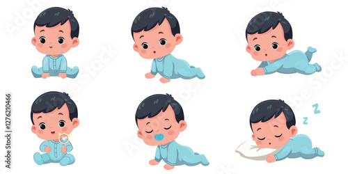 Cartoon illustration Of A Newborn Baby Character actions baby boy set