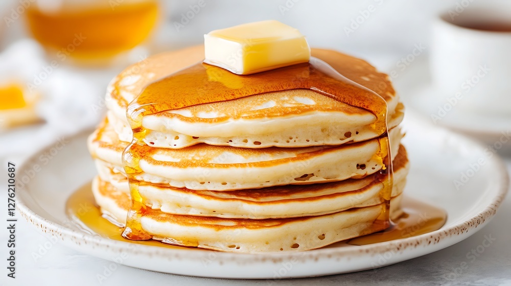 Delicious stack of pancakes with butter and syrup Delicious stack of pancakes with butter and syrup