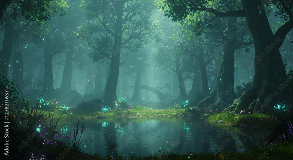 Fototapeta premium Tranquil Forest Pond with Glowing Plants and Mystical Atmosphere