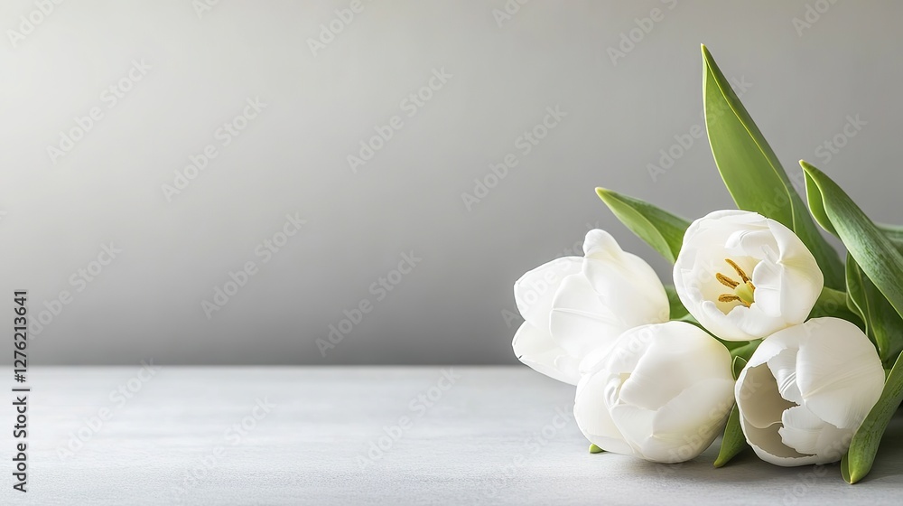 Serene White Tulips in Full Bloom, Delicate Petals and Green Leaves, Soft Gray Background, Shallow Depth of Field, Floral Unity Serene White Tulips in Full Bloom, Delicate Petals and Green Leaves, Soft Gray Background, Shallow Depth of Field, Floral Unity
