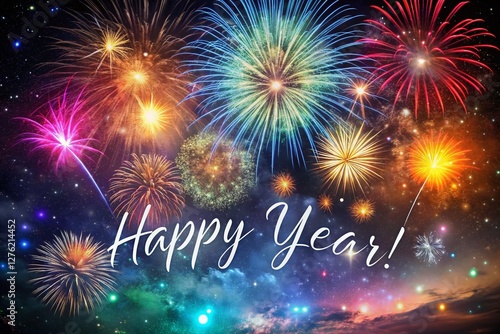 Happy New Year Fireworks Cosmic Night Sky Minimalist Photography Stock Photo