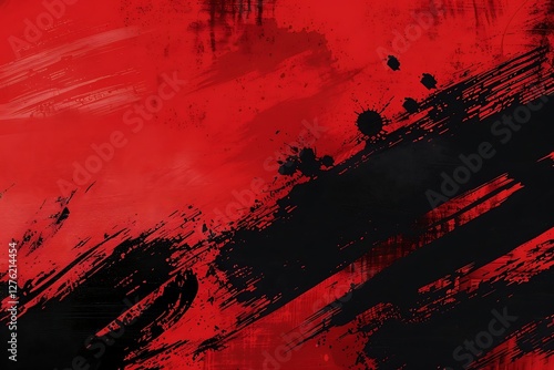 Red and black brushstrokes of paint on a red background.