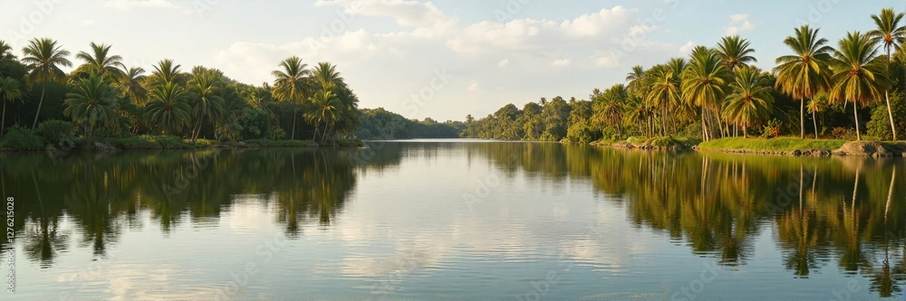Palm trees reflecting on calm river under clear sky Palm trees reflecting on calm river under clear sky