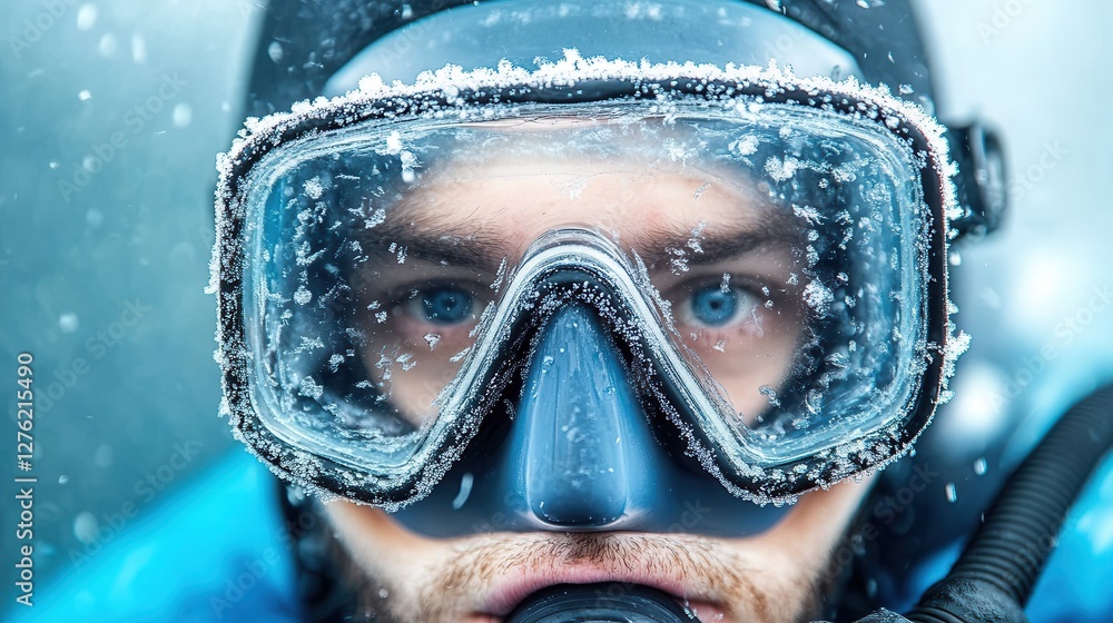 Close-up of diver's face, frost-covered dive mask, blue eyes visible in snowy conditions. Close-up of diver's face, frost-covered dive mask, blue eyes visible in snowy conditions.