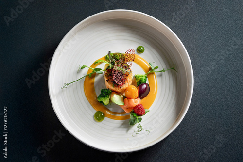 Gourmet dish, plated artfully, showcasing a culinary masterpiece.