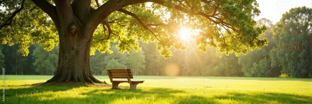 Wooden bench under large tree in sunlit park Wooden bench under large tree in sunlit park