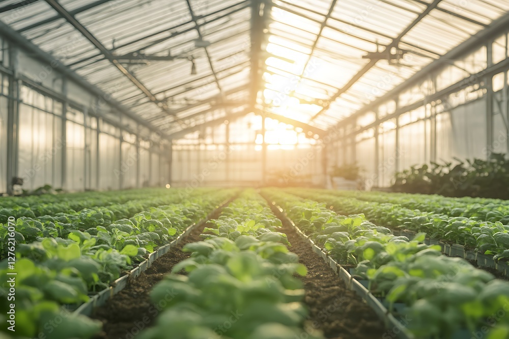 Rows of lush green plants thrive in a sunlit greenhouse Rows of lush green plants thrive in a sunlit greenhouse
