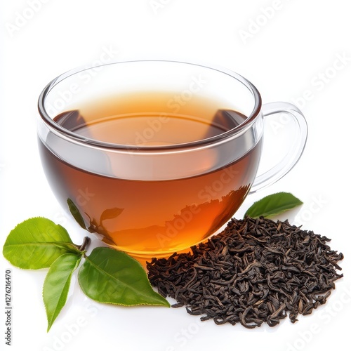 Aromatic Black Tea in Glass Cup with Fresh Leaves.