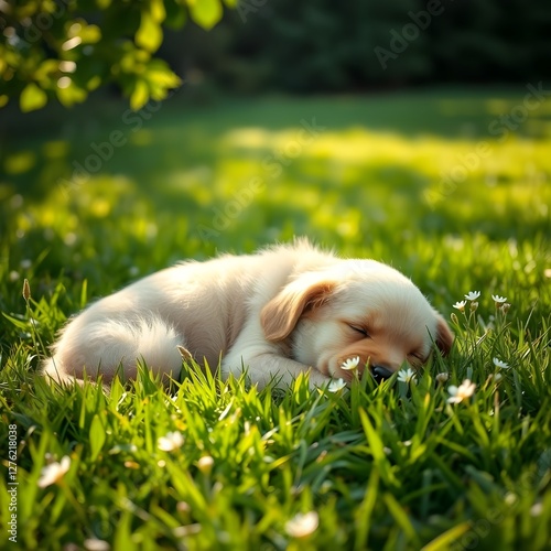 Lindo cachorro golden retriever durmiendo en el césped