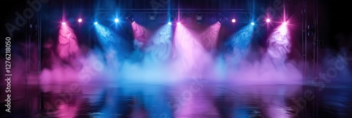 Stage lights illuminating smoke and reflections; concert, dance, theater use