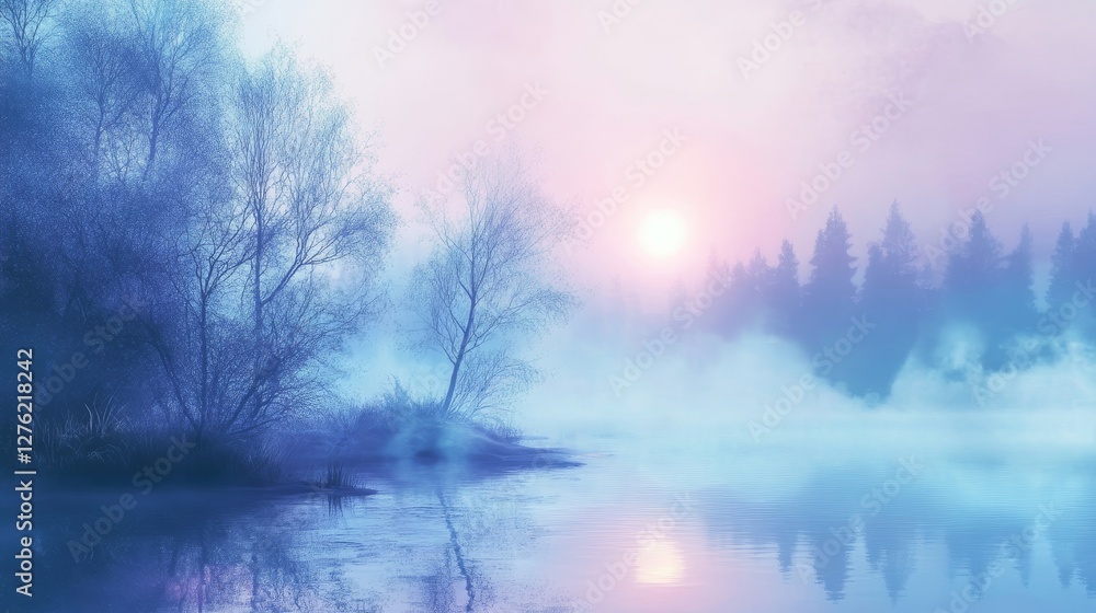 Fototapeta premium Serene Misty Morning Reflection Over Calm Lake at Sunrise