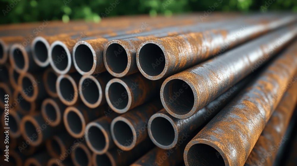 A stack of rusty metal pipes, showing signs of corrosion and wear, laying outdoors. A stack of rusty metal pipes, showing signs of corrosion and wear, laying outdoors.
