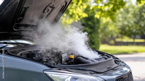 Smoke billowing from open car hood, engine overheating on a sunny day.