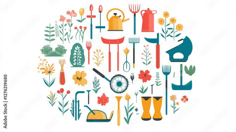 Garden tools round pattern vector illustration. Equipment for gardening. Wheelbarrow, trowel, fork hoe, boots, gloves, shovels and spades, lawn mower, watering can. Plant such as flower and tree. Garden tools round pattern vector illustration. Equipment for gardening. Wheelbarrow, trowel, fork hoe, boots, gloves, shovels and spades, lawn mower, watering can. Plant such as flower and tree.