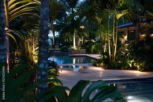 Swimming pool at night. Luxury villa in tropical resort