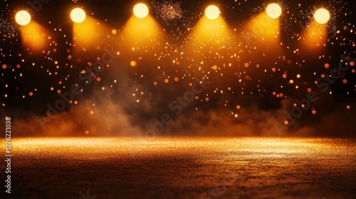 Wallpaper Mural A stage bathed in warm, golden light from spotlights, with sparkling glitter or dust particles illuminating the dark background, creating a festive and glamorous atmosphere Torontodigital.ca